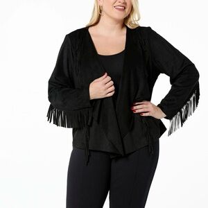 Faux Suede Fringe Jacket Open Cascade Front Cardigan Black Medium Boho Western